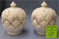 Pair of floral hand painted milk glass covered jar