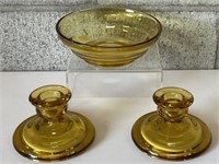 Amber Glass Bowl & Candle Holders