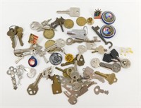 Lot of Vintage Keys, Pins, Etc.