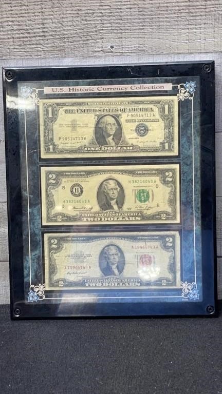Framed US Historic Currency Collection 1 & 2 Dolla