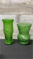 2 Vintage Large Green Glass Vases 10" & 8" High