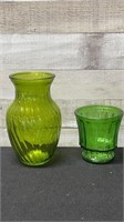 2 Vintage Large Green Glass Vases 8" & 5" High
