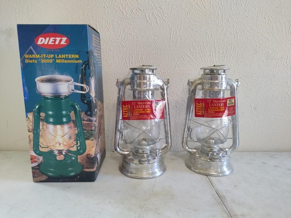 New Dietz Lantern & 2 Aztec 12" Hurricane Lanterns