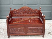 CARVED RED MAHOGANY WALL BENCH  WITH LIFT SEAT