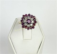 ENGLISH 18K GOLD RUBY AND DIAMOND CLUSTER RING