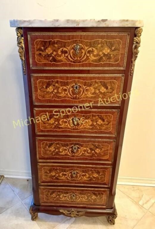 LOUIS STYLE MARBLE TOP SIX DRAWER CHEST