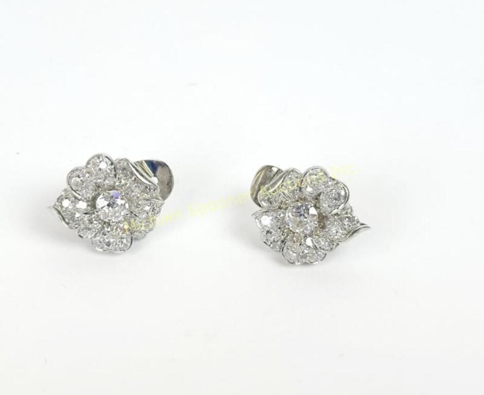 VINTAGE PLATINUM AND DIAMOND FLOWER EARRINGS