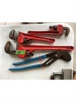 3 Pipe Wrenches & Tongue & Groove Pliers