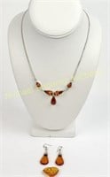 STERLING AND AMBER NECKLACE, EARRINGS & PENDANT