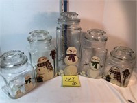 5 snowmen glass canisters