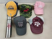 5 assorted ball caps, Texas A&M stainless water