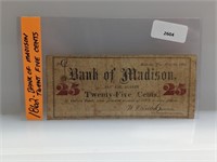 1862 Bank of Madison Twenty Five Cent Note