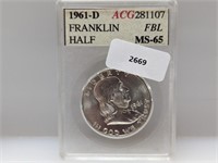ACG 1961-D MS65 90% Silv Franklin Half $1
