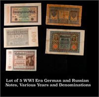 Lot of 5 WWI Era German and Russian Notes, Various