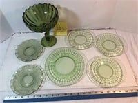 Assort green glass plates & compote