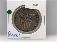 Rare 1907-S Philippines Silver One Peso