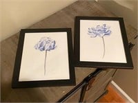 Pair Blue Flower Watercolor Prints