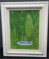 Flamingos In The Palms, Signed Framed in Wood
