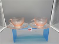 2 Pink Depression Glass Cups and Saucers