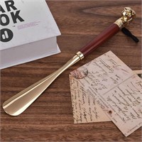 Wooden Shoe Horn with Non Slip Grip, Metal Lion