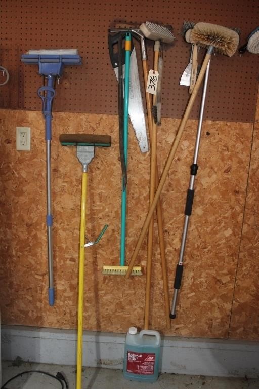 brooms, mop, handsaw, crowbar