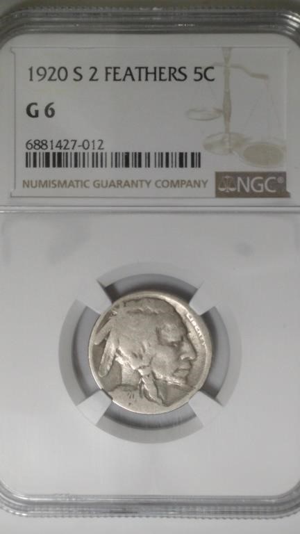 1920-S Buffalo Nickel NGC G6 (2 Feathers)