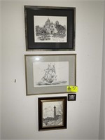 4 FINISHED PRINTS OF DRAWINGS, SAIL BOATS, LIGHTHO