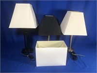 3 WORKING TABLE LAMPS W/ FABRIC SHADES
