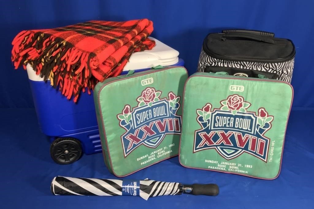 SUPER BOWL XXVII CUSHIONS, IGLOO COOLER, BLANKET