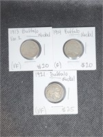 Lot of 3 Buffalo Nickels: 1913, 1914, & 1921