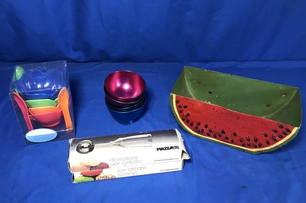 WATERMELON TRAY, ICE CREAM CUPS, DISHES, SPOONS