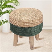 Round Ottoman Seagrass Footstool  Pine Legs -Green