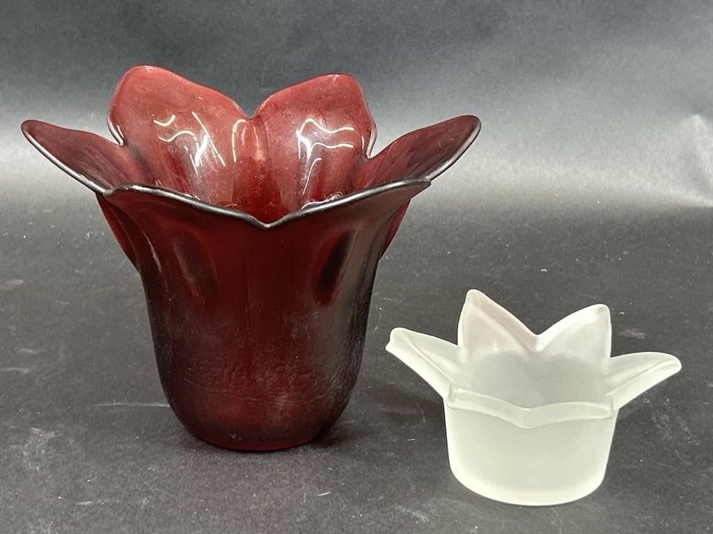 Ruby Red Art Glass and Frosted Glass Candleholder