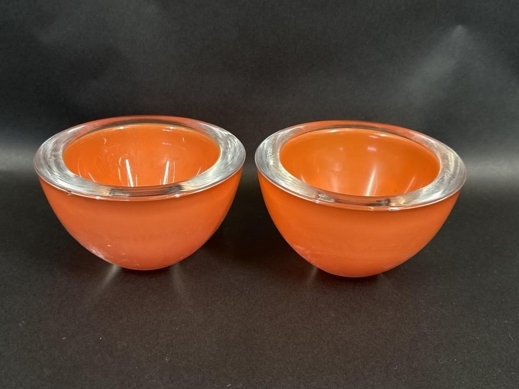 Two Orange Glass Art Decor Bowls