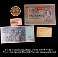 Lot of 5 German/Austrian '10s to '20s WWI Era Note