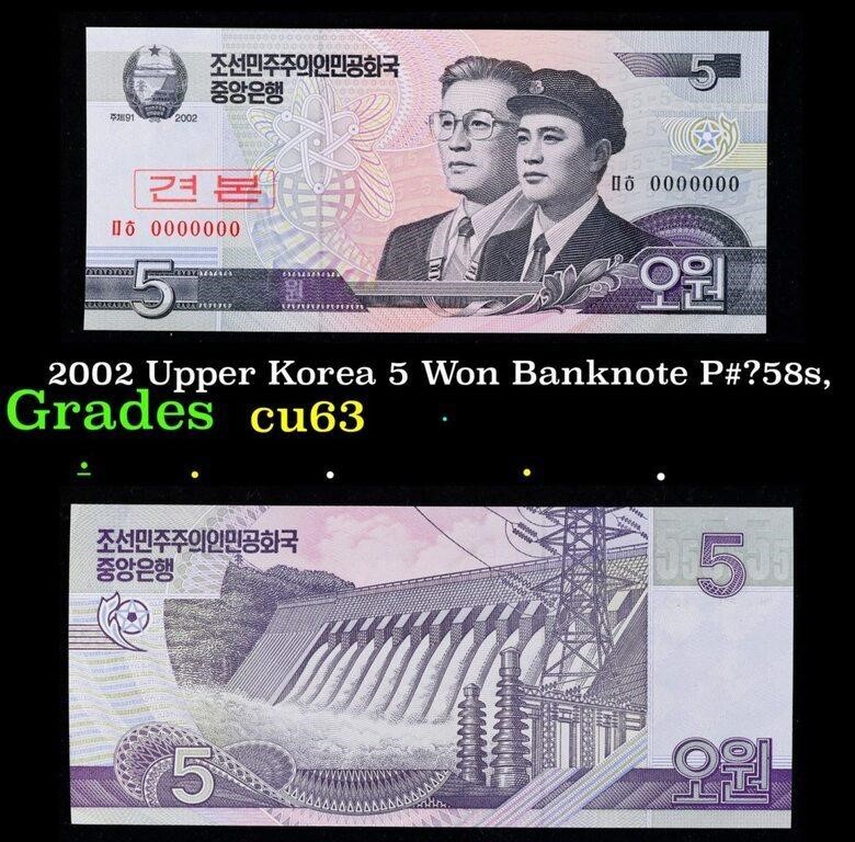 2002 Upper Korea 5 Won Banknote P#?58s,  Grades Se