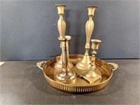 Brass Serving Tray and 4 Candlesticks