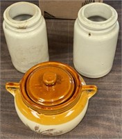 VINTAGE BEAN POT W LID AND 2 POTTERY JARS