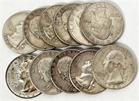 11pc Washington silver quarters: 1964 (3pc),