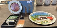 Mixed lot-metal tray, plate, knife, thermometer,