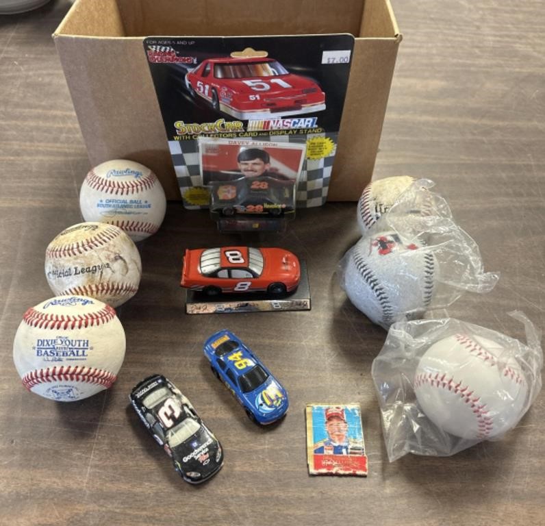 Misc lot baseballs, matches, die cast race cars