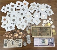 assorted coins & currency: Adams golden dollar,