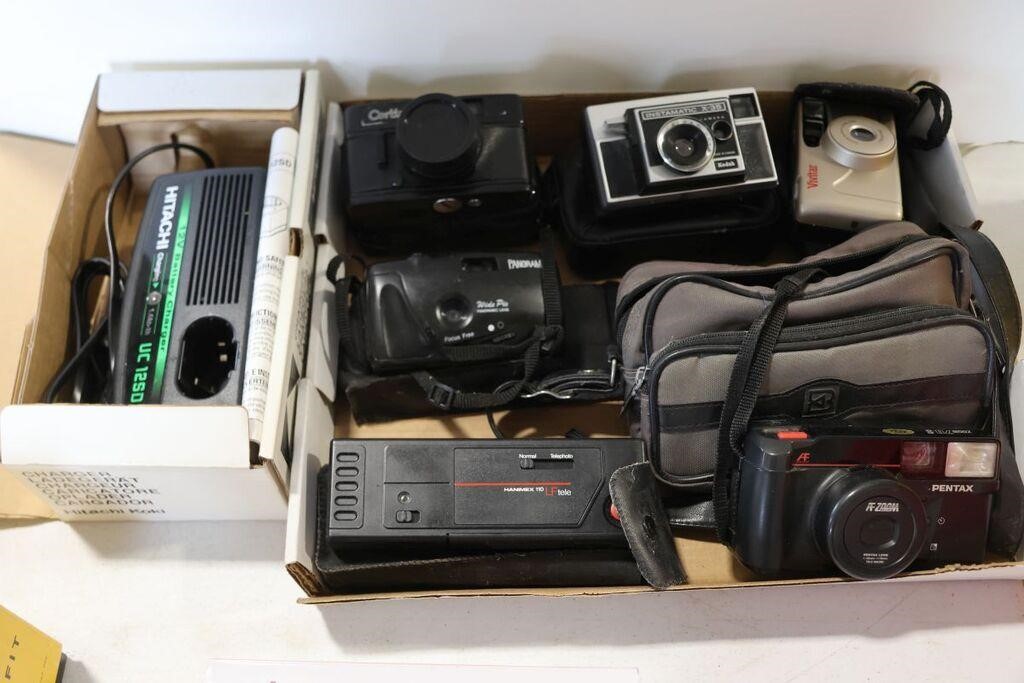 LOT OF VINTAGE CAMERAS & HITACHI BATTERY CHARGER