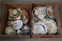 2 BOXES OF ASSORTED PLATES, SERVING DISHES,