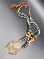 AFRICAN TRADE BEADS WITH METAL MASK PENDANT VINTAG