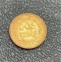 1945 gold Dos Pesos 0.0482oz .900 fine gold coin