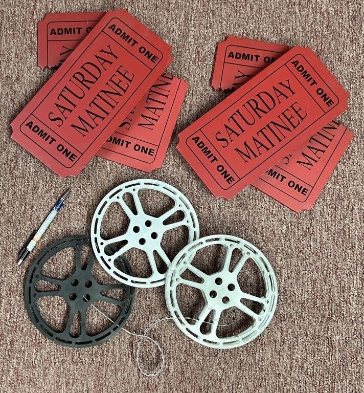 3D wood and metal ticket and film reels movie