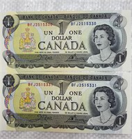 Canada 1973 - 2x 1 dollar bills in sequence both