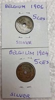 1904 and 1906 Belgian 5 coins