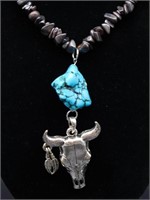 COW SKULL MIXED STONE NECKLACE VINTAGE ANTIQUE